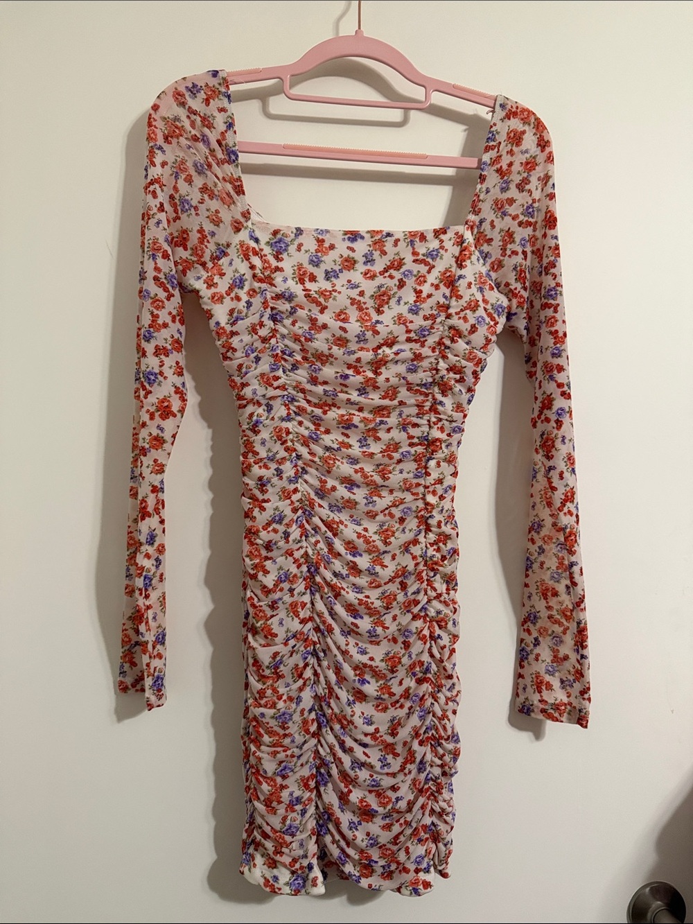 Forever 21 White Ruched Long Sleeve Mini Dress with Red & Purple Floral